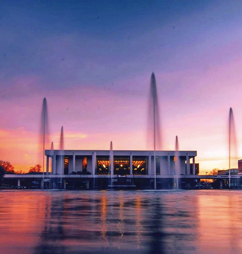 Clemson University fountain and library.